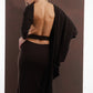 ALISADUDAJ dark brown wool draped set, back view showing open back strap and drape over the skirt, wool blend