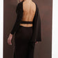 ALISADUDAJ dark brown wool draped set, back three-quarter view showing open back and pencil skirt