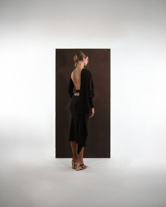 ALISADUDAJ dark brown wool draped set, back view showing deep open back and trailing drape panel