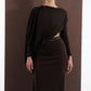 ALISADUDAJ dark brown wool draped set, front view showing blouson sleeves and embroidered waistband