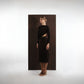 ALISADUDAJ dark brown wool draped set, front three-quarter view showing waist cut-out and green floral embroidery