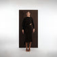 ALISADUDAJ dark brown wool draped open-back top and embroidered-waist midi skirt set, front view, full length