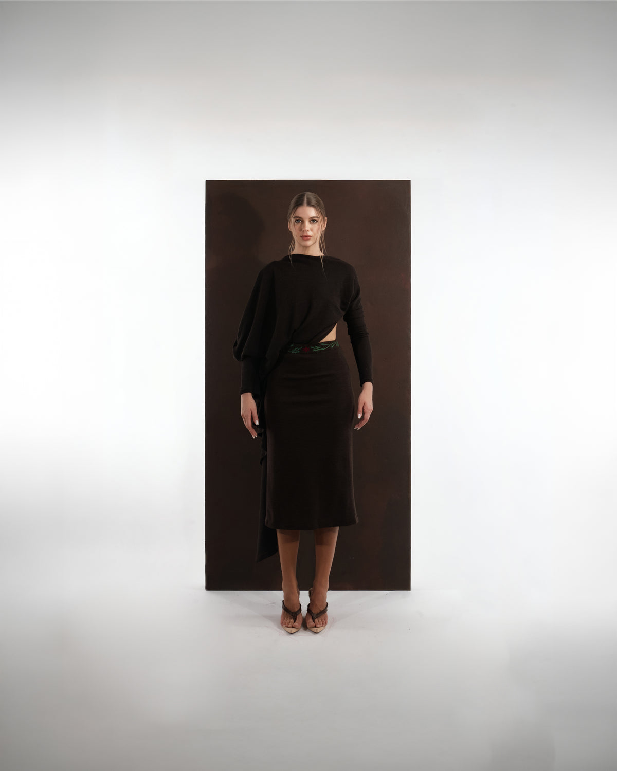 ALISADUDAJ dark brown wool draped open-back top and embroidered-waist midi skirt set, front view, full length