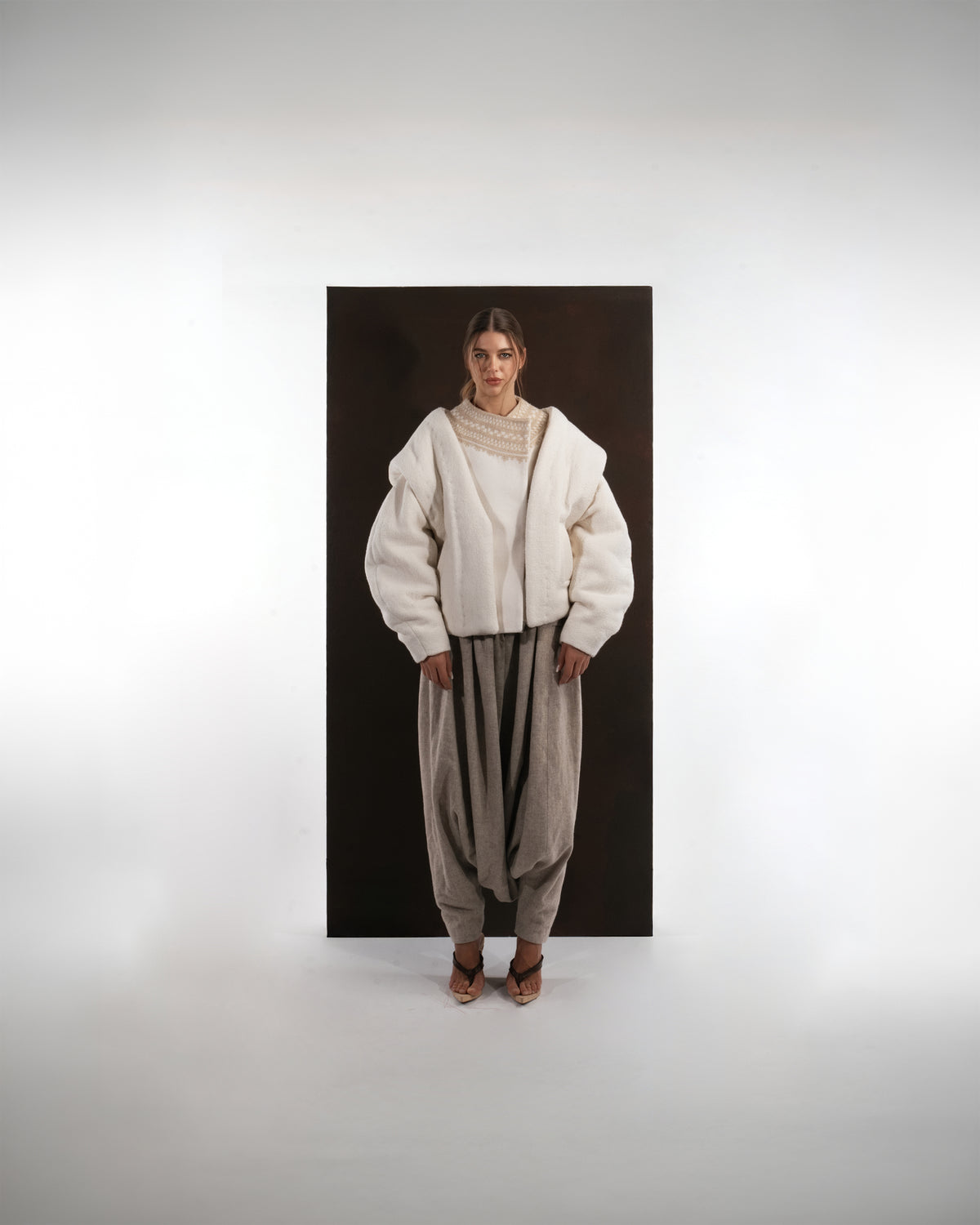 ALISADUDAJ ivory and beige wool cocoon jacket, embroidered-collar top and draped harem trouser set, front view, full length