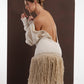 ALISADUDAJ ivory wool fringed dress, back close-up of braid-trimmed open back and fringe layers, wool