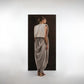 ALISADUDAJ ivory and grey wool beaded hooded vest and draped trouser set, back view with hood down showing jacquard back panel
