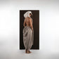ALISADUDAJ ivory and grey wool beaded hooded vest and draped trouser set, back view showing open back and gathered harem trousers