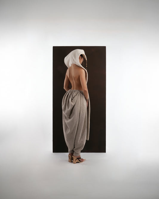 ALISADUDAJ ivory and grey wool beaded hooded vest and draped trouser set, back view showing open back and gathered harem trousers