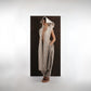 ALISADUDAJ ivory and grey wool beaded hooded vest and draped trouser set, front three-quarter view, hand in pocket