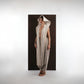 ALISADUDAJ ivory and grey wool beaded hooded vest and draped trouser set, front view with hood up and beaded cords