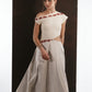 ALISADUDAJ ivory and grey wool red-embroidered dress, front view in movement showing flared grey skirt