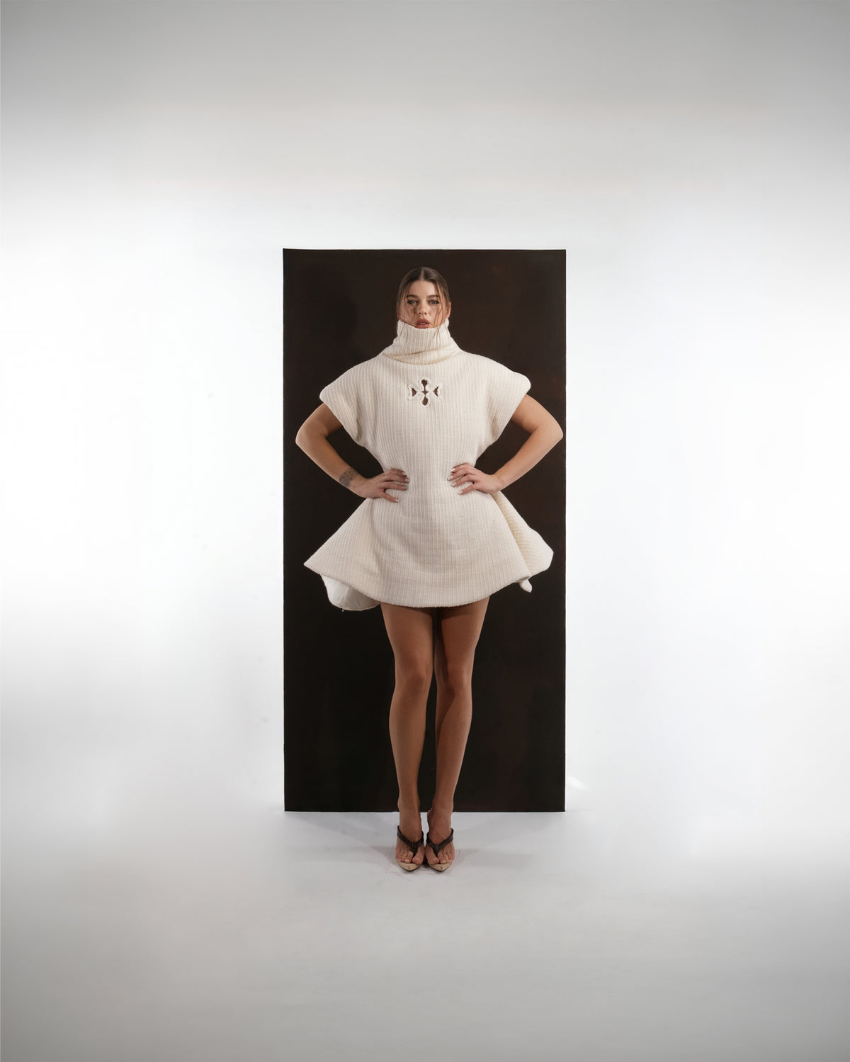 ALISADUDAJ ivory ribbed wool flared mini dress, front view, full length, showing tall turtleneck and cut-out motif
