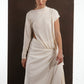 ALISADUDAJ ivory wool draped asymmetric top, close-up of side cut-out and draped skirt tie, wool blend