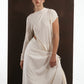 ALISADUDAJ ivory wool draped asymmetric set, half-length three-quarter view showing cap sleeve and drape