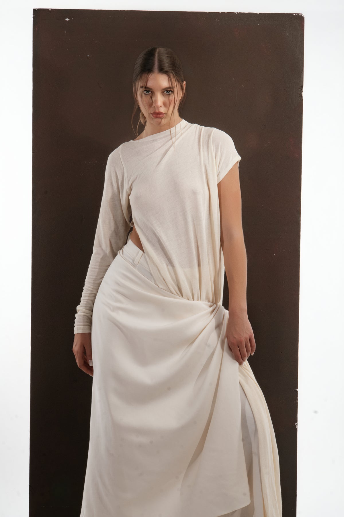 ALISADUDAJ ivory wool draped asymmetric set, half-length front view showing gathered waist and skirt folds