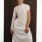 ALISADUDAJ ivory wool draped asymmetric set, half-length front view showing ruched sleeve and draped bodice