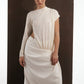 ALISADUDAJ ivory wool draped asymmetric top and wrap skirt, half-length front view showing waist cut-out