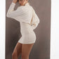 ALISADUDAJ ivory wool draped mini dress, back three-quarter close-up of draped sleeves and fitted back, wool blend