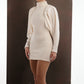 ALISADUDAJ ivory wool draped mini dress, three-quarter view showing pleated shoulder detail