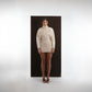 ALISADUDAJ ivory wool draped mini dress, front view, full length, showing high neck and gathered puff sleeves