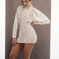 ALISADUDAJ ivory wool draped mini dress, side view showing fitted skirt and balloon sleeve