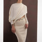 ALISADUDAJ ivory wool set, three-quarter view showing waist cut-out beneath the drape and embroidered waistband