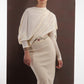 ALISADUDAJ ivory wool draped top and embroidered midi skirt set, front close-up of drape and floral waistband embroidery, wool blend