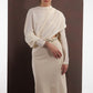 ALISADUDAJ ivory wool draped top and midi skirt set, three-quarter view with hand at the hip