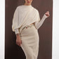 ALISADUDAJ ivory wool draped top and embroidered midi skirt, front view with arm raised showing sleeve drape