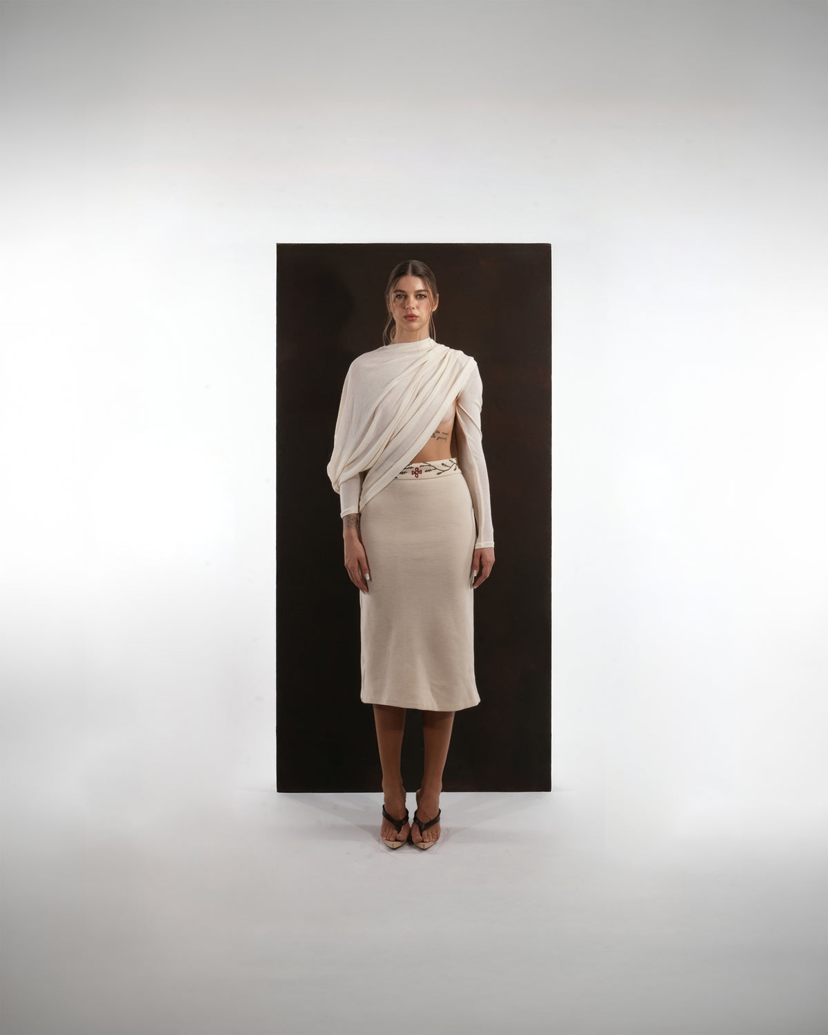 ALISADUDAJ ivory wool draped top and embroidered-waist midi skirt set, front view, full length