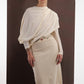 ALISADUDAJ ivory wool draped top and embroidered midi skirt, half-length front view showing bloused drape