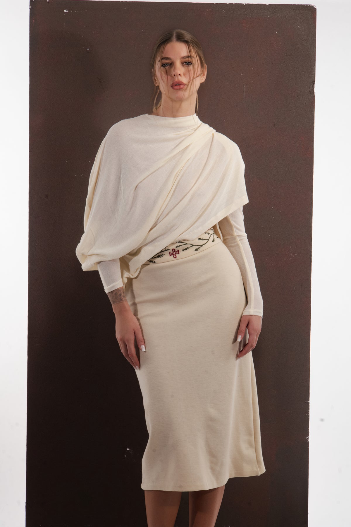 ALISADUDAJ ivory wool draped top and embroidered midi skirt, half-length front view showing bloused drape