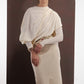 ALISADUDAJ ivory wool draped top and embroidered midi skirt, half-length view showing draped cowl and embroidered waistband