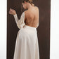 ALISADUDAJ ivory wool open-back drape dress, back close-up of draped shoulders and open back, wool blend