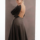 ALISADUDAJ mocha brown wool open-back dress, back three-quarter view showing draped sleeve and pointed hem