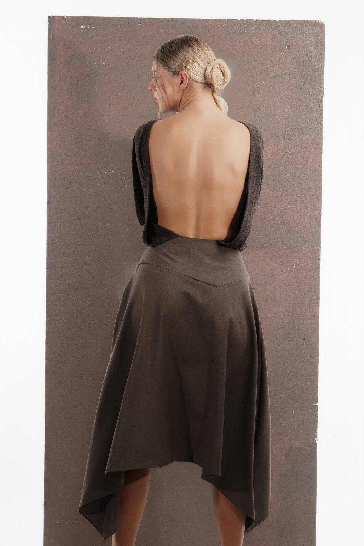 ALISADUDAJ mocha brown wool open-back dress, back close-up of deep open back and waist yoke