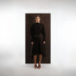 ALISADUDAJ mocha brown wool open-back dress, front view showing high neck and dropped waist