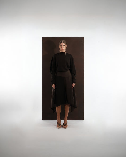 ALISADUDAJ mocha brown wool open-back dress, front view showing high neck and dropped waist