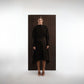 ALISADUDAJ mocha brown wool open-back dress, front view, full length, showing blouson bodice and handkerchief-hem skirt