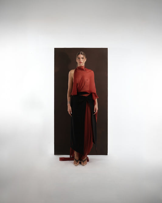 ALISADUDAJ red silk and black pinstripe wool set, front view showing draped silk sleeve and wrapped skirt