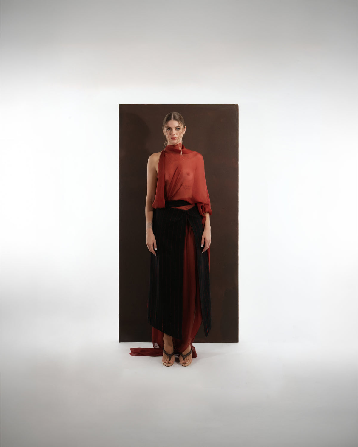 ALISADUDAJ red sheer silk halter top and black pinstripe wool wrap skirt set, front view, full length