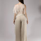ALISADUDAJ taupe linen set with sheer mesh overlay, back view showing wide-leg trousers and draped overlay