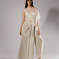 ALISADUDAJ taupe linen set with sheer mesh overlay, front three-quarter view showing knotted wrap waist