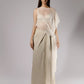 ALISADUDAJ taupe linen wrap trouser set with sheer embroidered mesh overlay, front view, full length