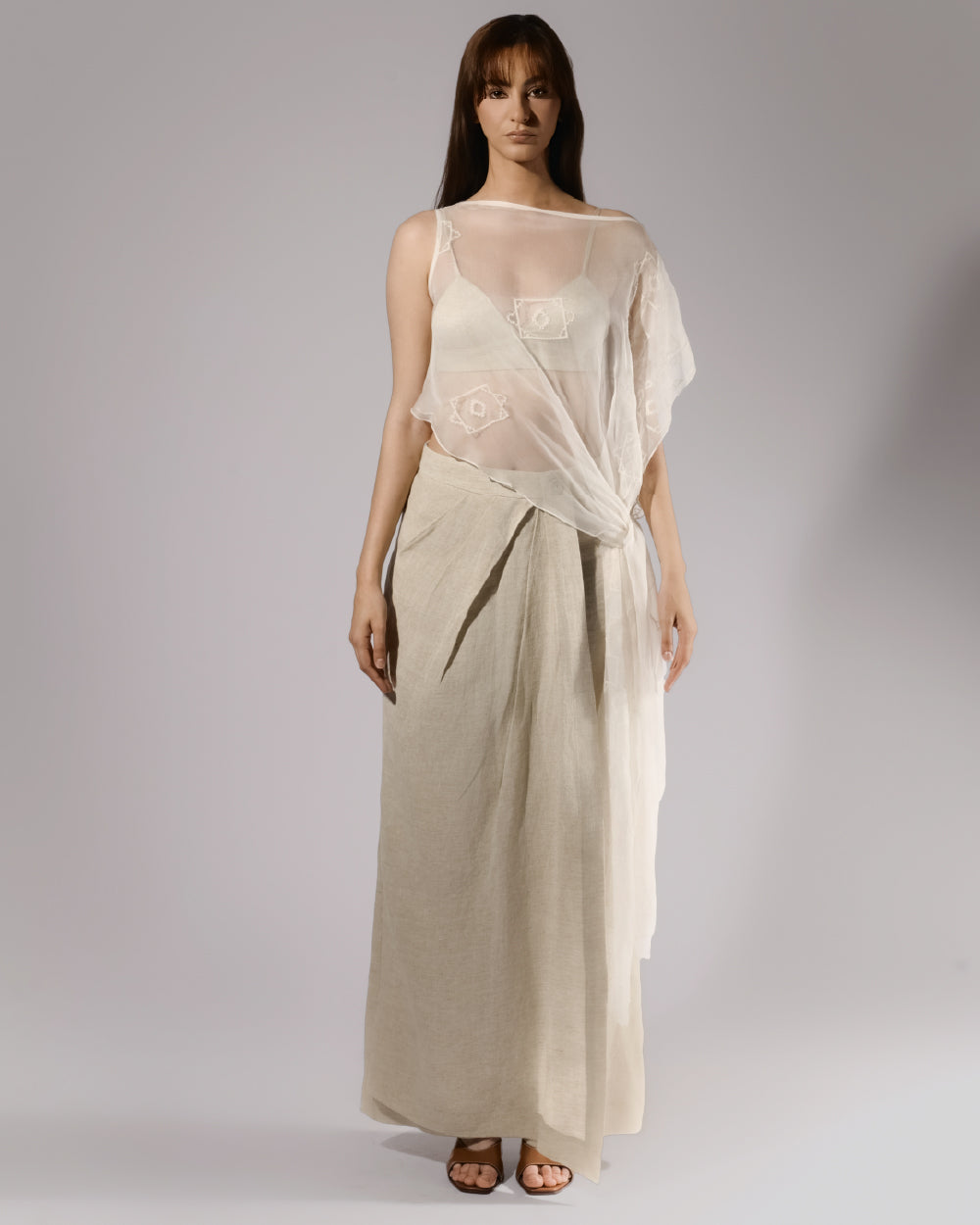 ALISADUDAJ taupe linen wrap trouser set with sheer embroidered mesh overlay, front view, full length