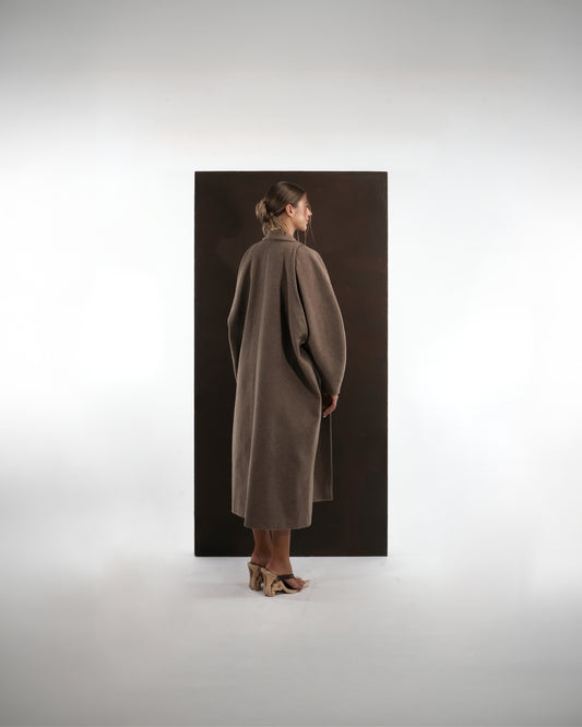 ALISADUDAJ taupe wool oversized coat, back view showing cocoon silhouette and rounded sleeves
