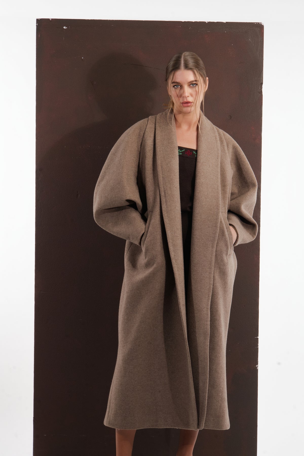 ALISADUDAJ taupe wool oversized coat, half-length front view showing shawl collar and sleeve volume