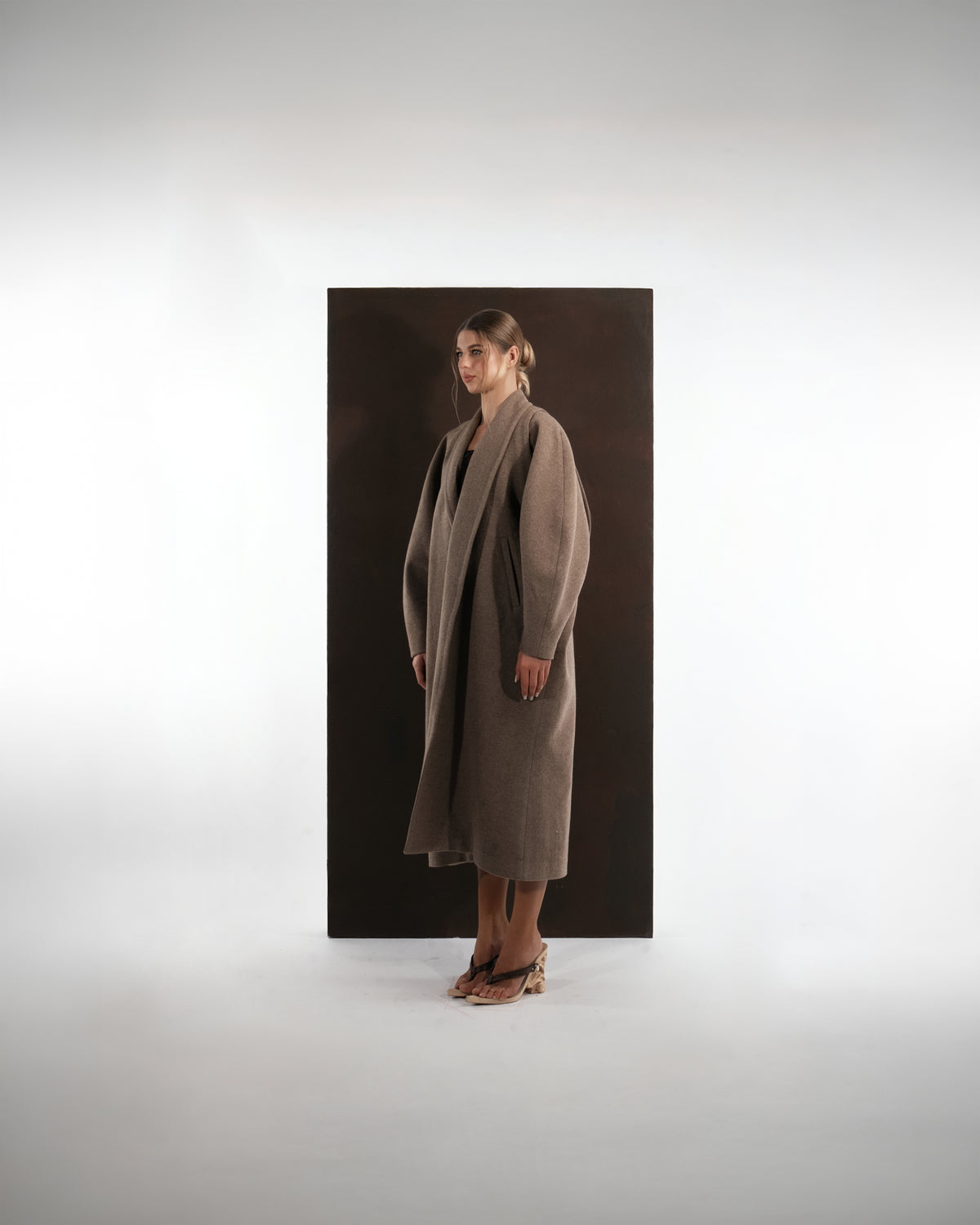 ALISADUDAJ taupe wool oversized coat, side three-quarter view showing shawl collar and midi length