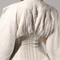ALISADUDAJ white linen corseted maxi dress, back close-up of pleated bodice and corset waist