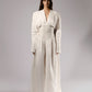 ALISADUDAJ white linen corseted maxi dress, front view, full length, showing deep V neckline, striped corset waist and front slit
